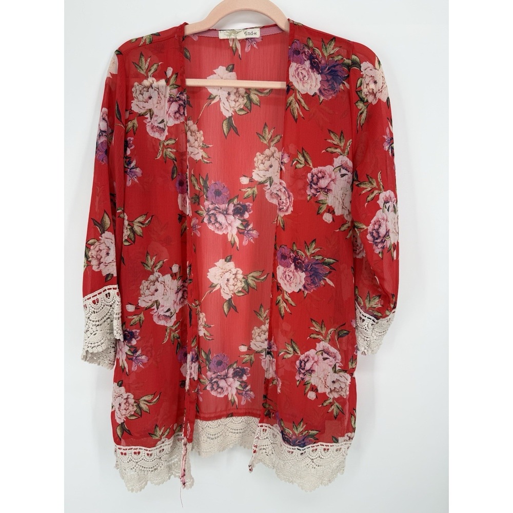 Rewind Red Floral Chiffon Kimono Cardigan Crochet Lace‎ Trim Boho Coverup Small